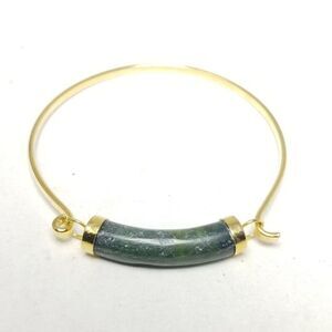 Vintage Gold Tone and Green Bangle Bracelet, Minimal Design, Stacking Estate